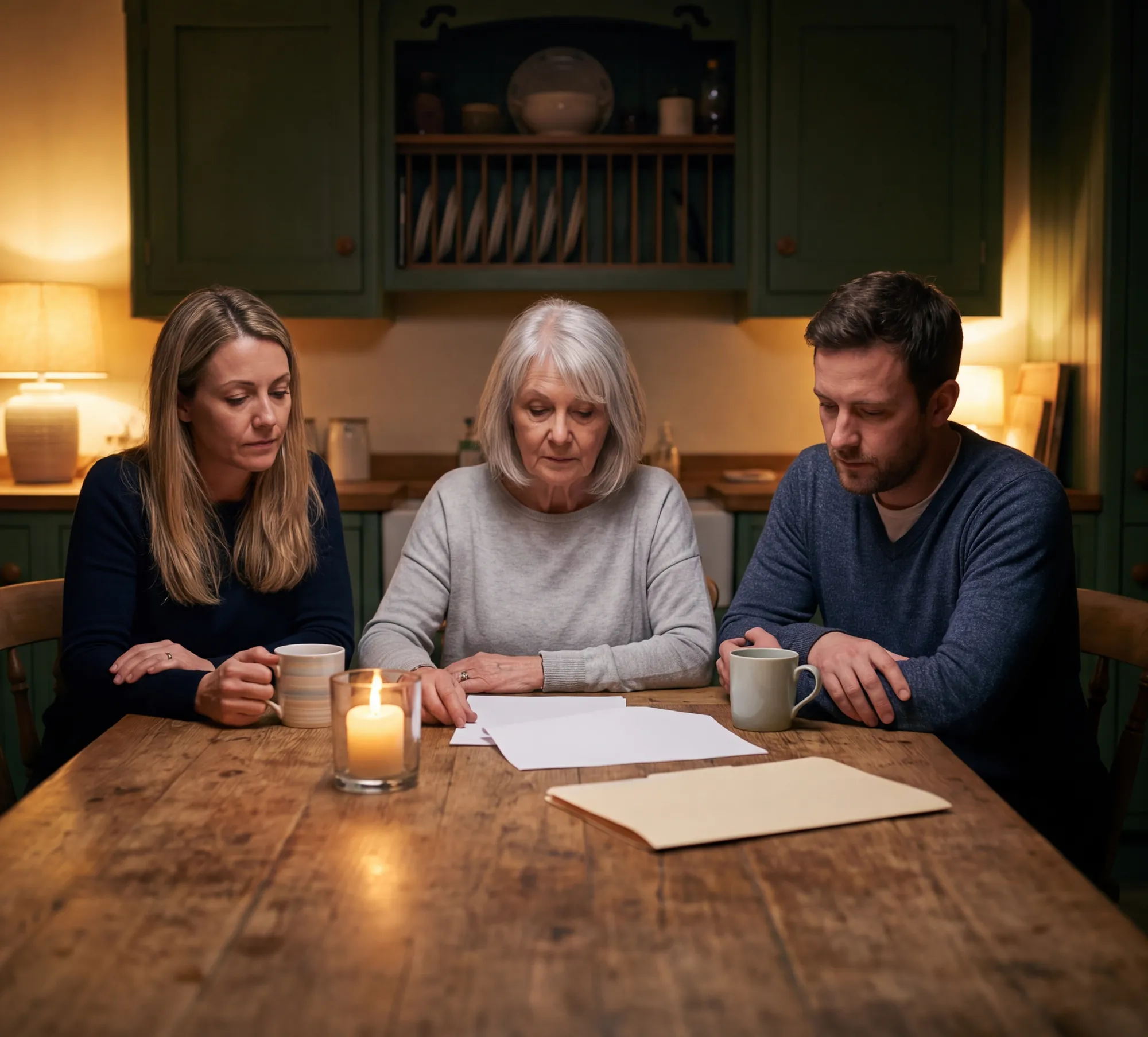 Three family members sitting close at a kitchen table in lamplight with papers and a candle